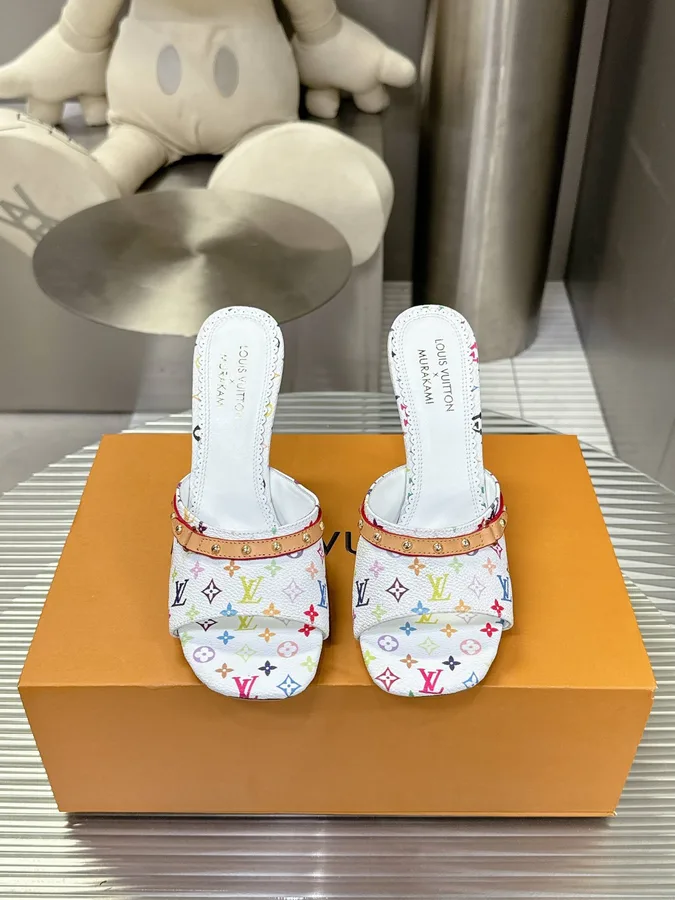 LV Women White Multicolor Printed Leather Mules