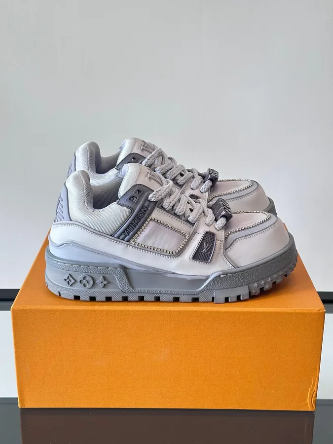 LV Men White Leather Gray Accents Sneakers