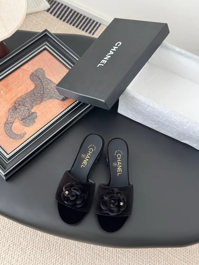 Chanel Women Black Velvet Flower Embellished Mules