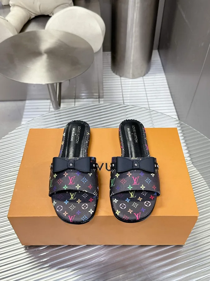 LV Women Black Patterned Leather Bow Slide Sandals
