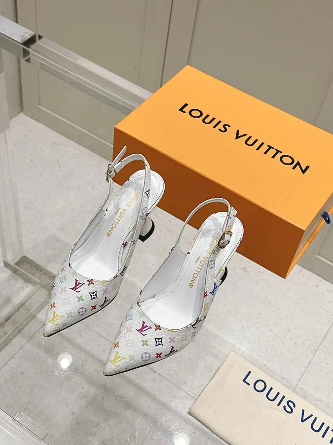 LV Women White Leather Multicolor Logo Heels
