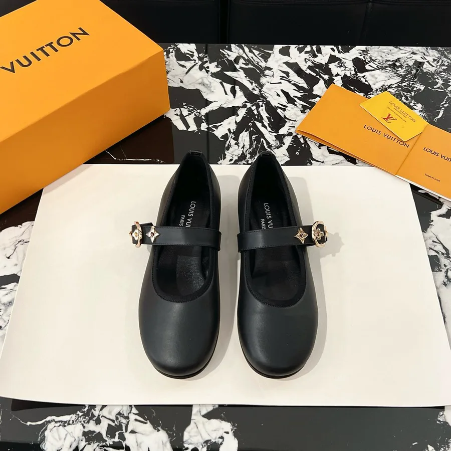 LV Women Black Leather Mary Jane Flats