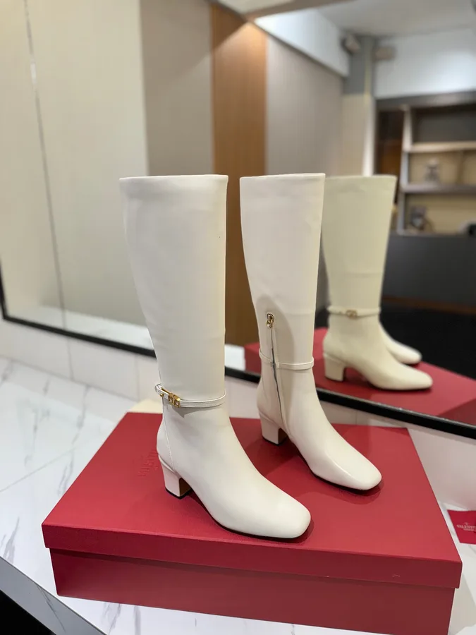 Valentino Women White Leather Knee High Boots