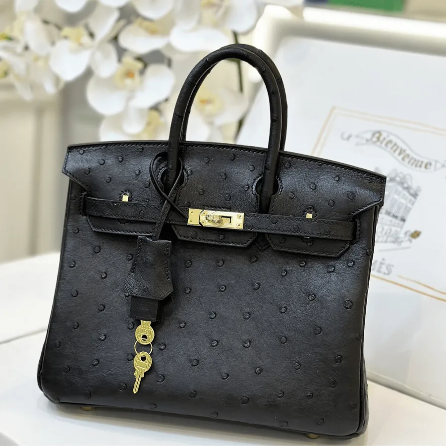 HN 25 Black Ostrich Leather Gold Hardware