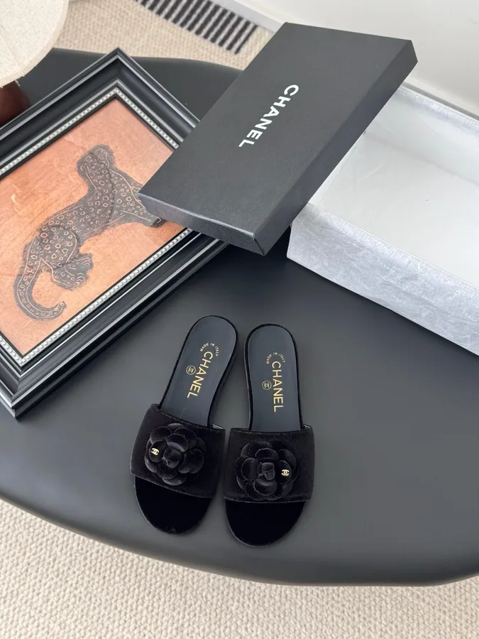 Chanel Women Black Velvet Flower Embellished Slides