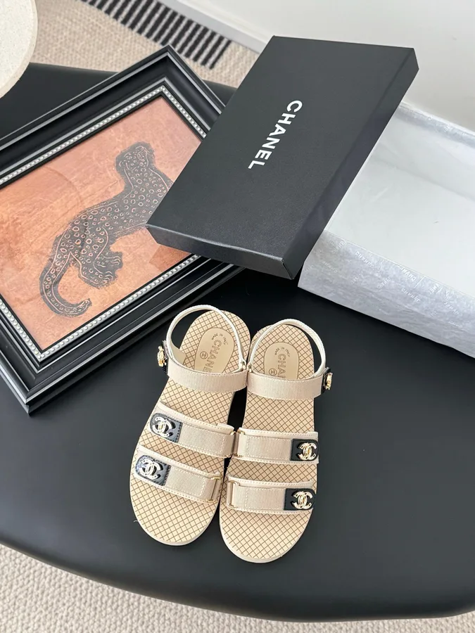Chanel Women Beige Fabric Logo Strap Sandals