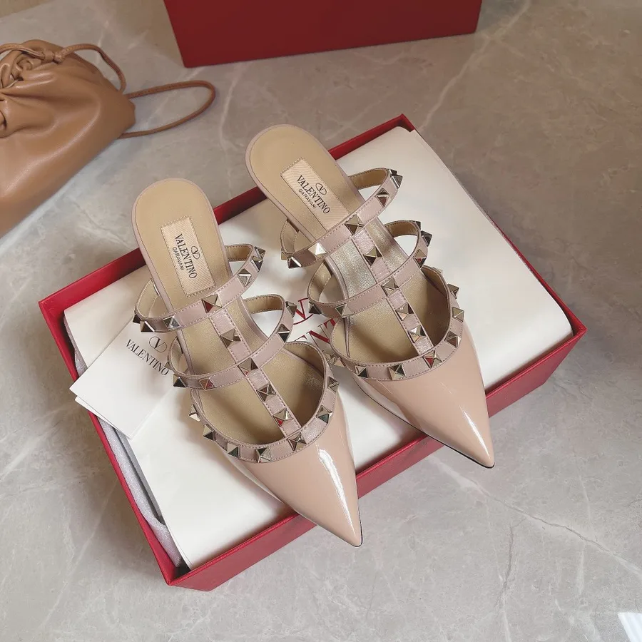 Valentino Women Nude Patent Leather Studded Mules