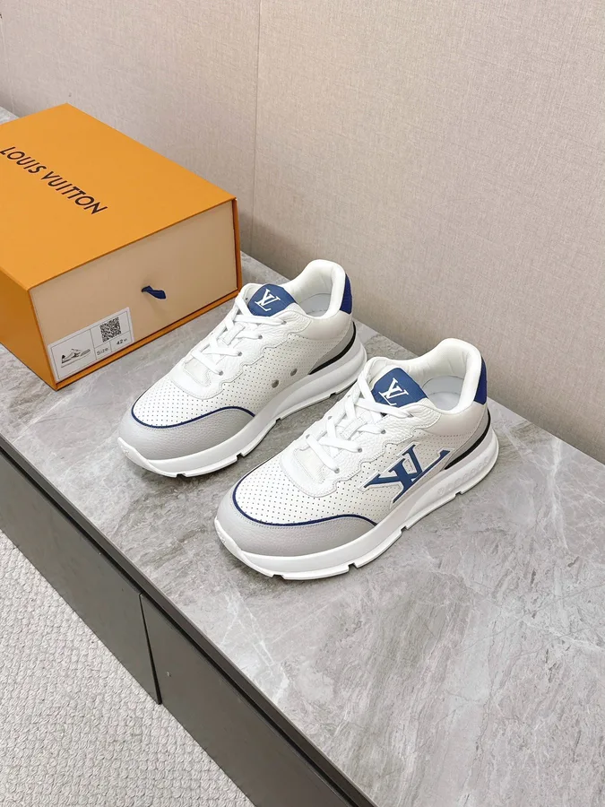 LV Women White Leather Sneakers With Blue Accents