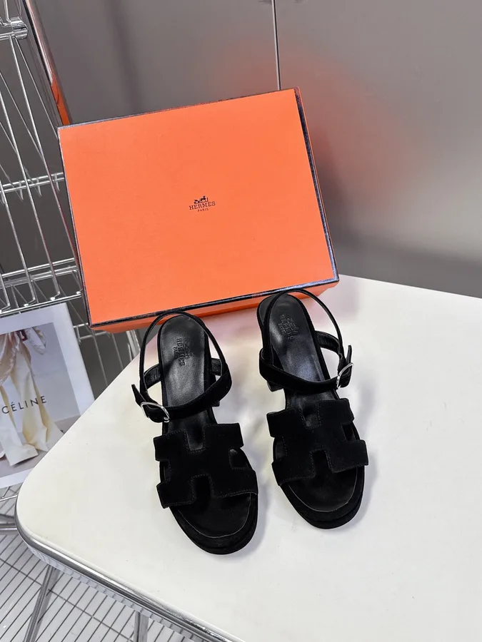 Hermes Women Black Suede Sandals