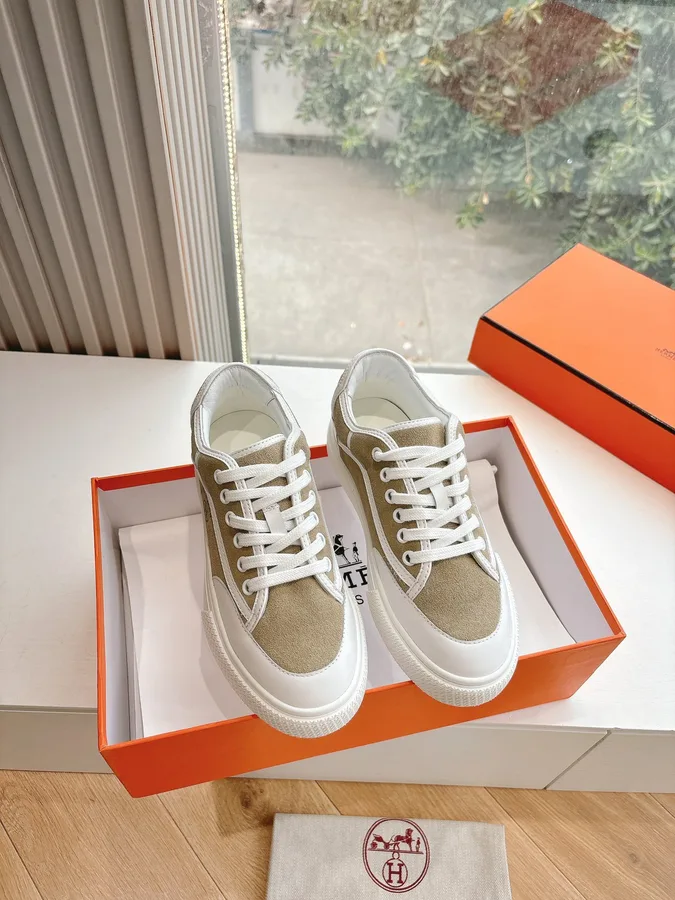 Hermes Women Beige Suede White Leather Sneakers