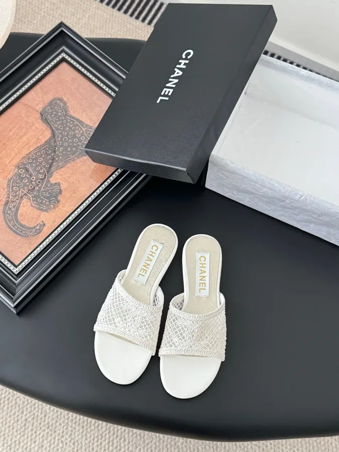 Chanel Women White Lace Mesh Slides