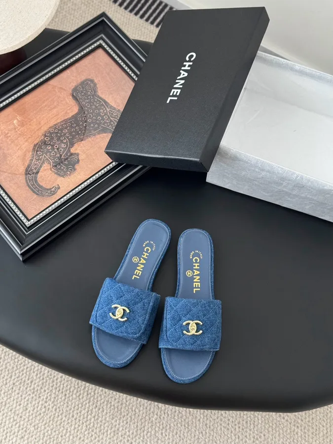 Chanel Women Blue Denim Slides