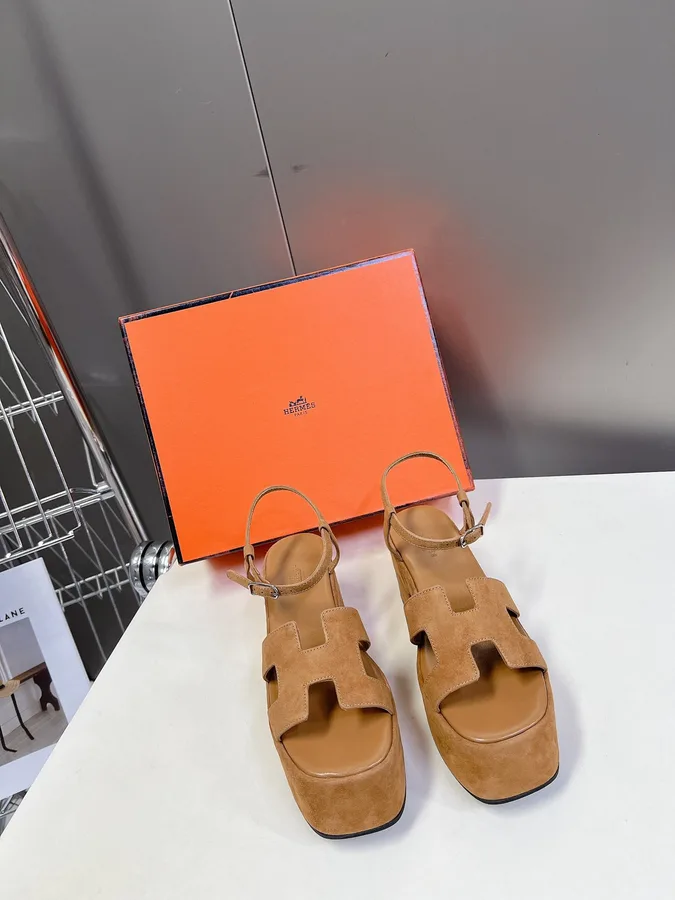 Hermes Women Tan Suede Platform Sandals