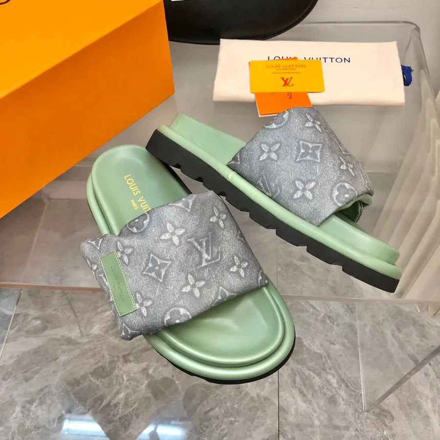 LV Women Green Fabric Strap Slippers
