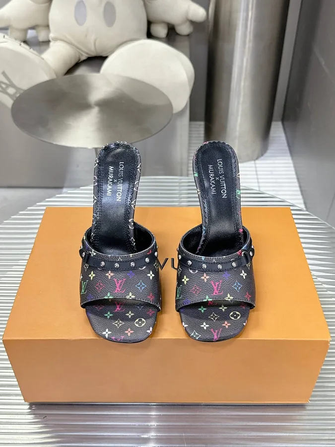 LV Women Black Leather Multicolor Logo Mules
