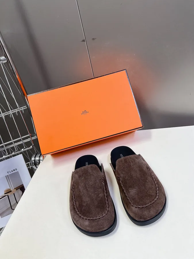 Hermes Women Brown Suede Slippers
