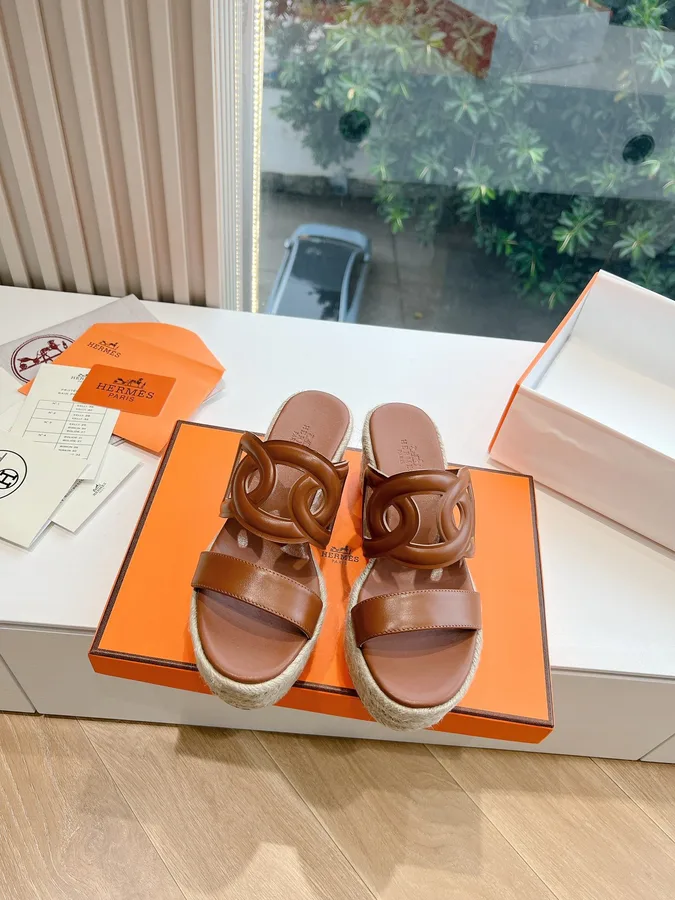Hermes Women Brown Leather Espadrille Sandals