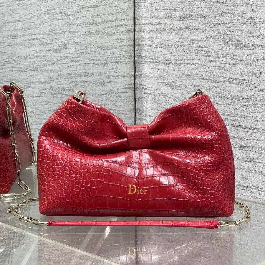Dior Bow Bag Small Red Crocodile-Embossed