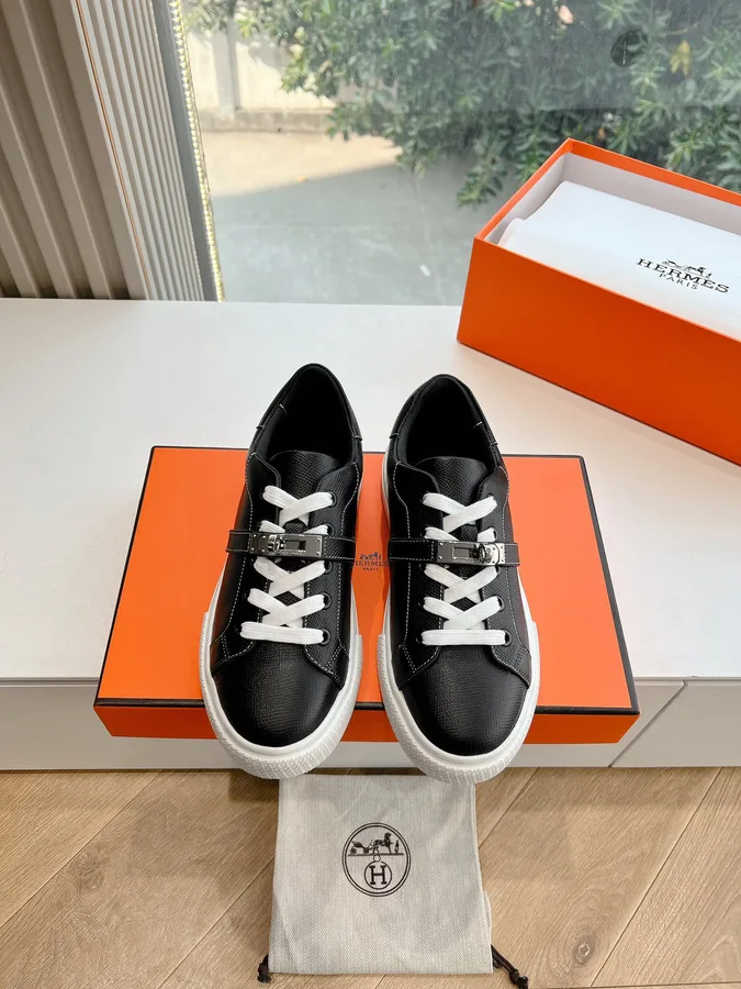 Hermes Women Black Leather Sneakers With Buckle Strap
