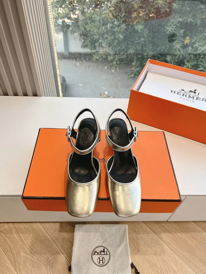 Hermes Women Silver Leather Square Toe Heels