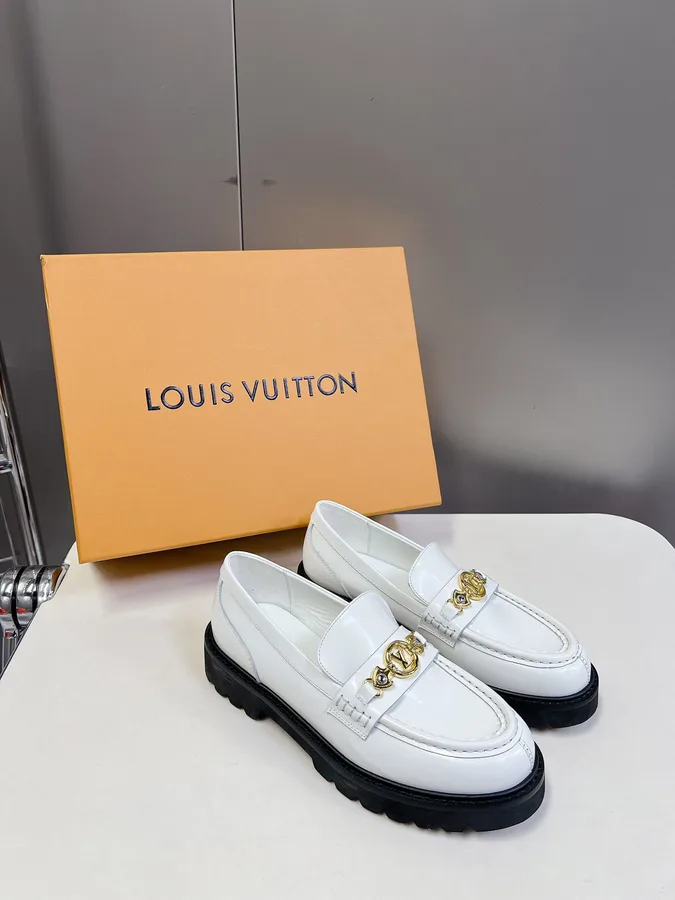 LV Women White Leather Loafers