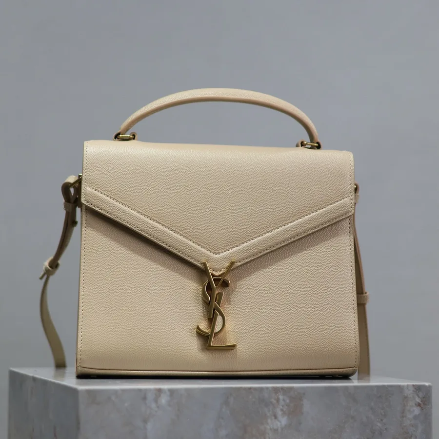 YSL Cassandra Top Handle Bag Medium in Beige Calfskin Gold Hardware