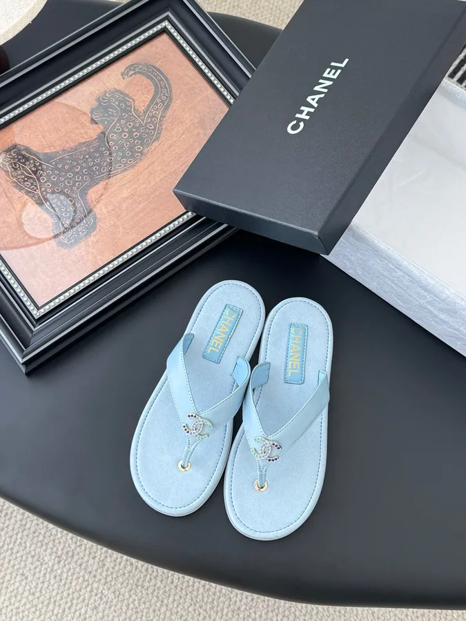 Chanel Women Light Blue Leather Embellished Sandals
