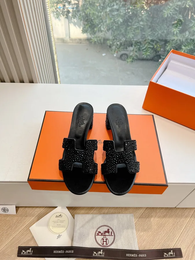 Hermes Women Black Embellished Leather Mules