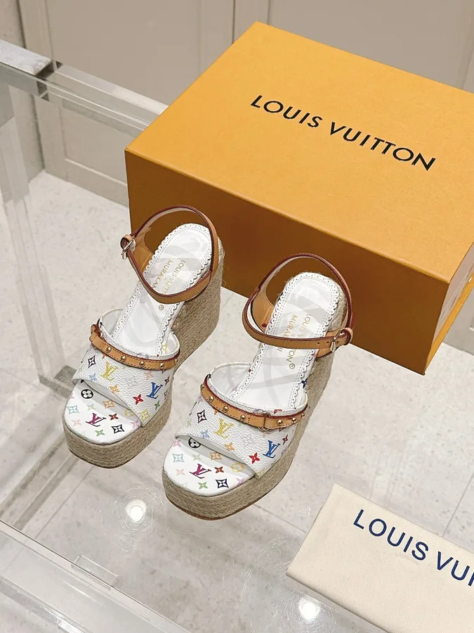 LV Women White Leather Multicolor Print Wedge Sandals