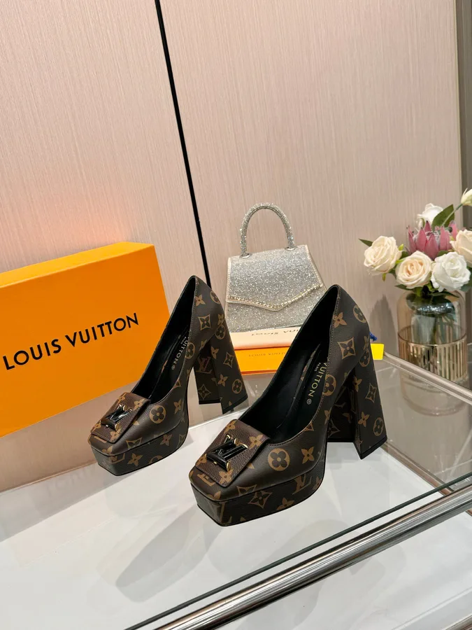 LV Women Brown Leather Platform Heels