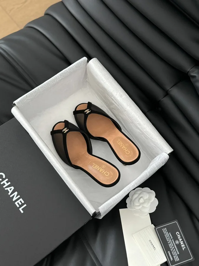 Chanel Women Black Mesh Logo Slide Sandals