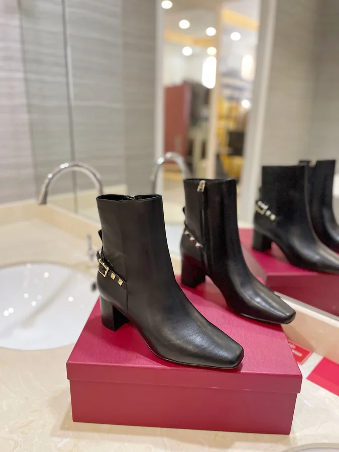 Valentino Women Black Leather Studded Ankle Boots