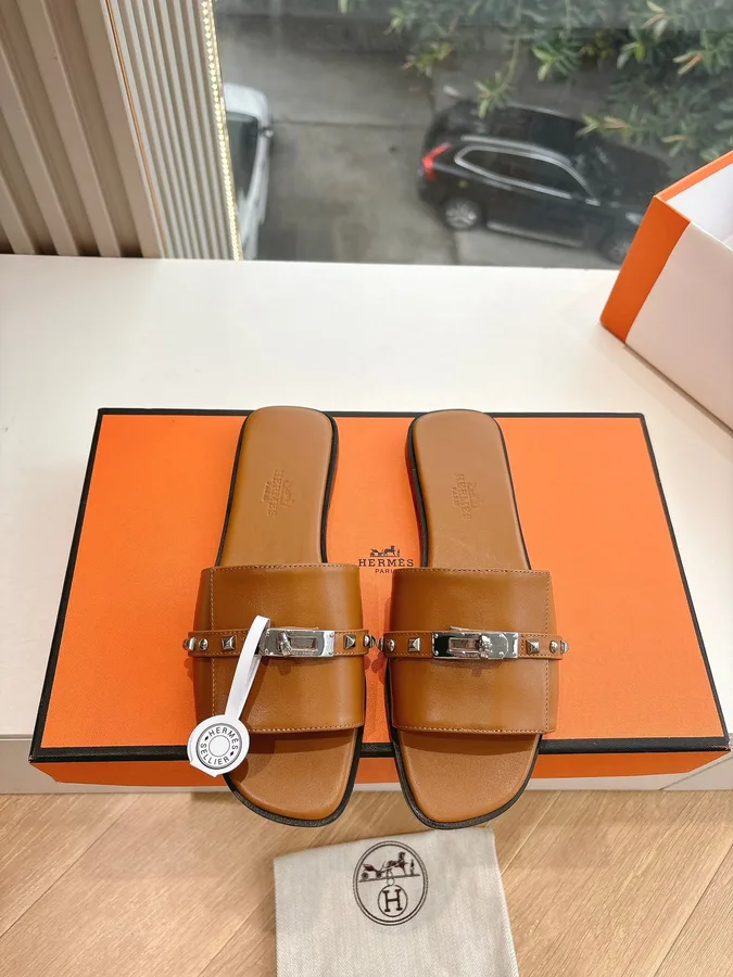 Hermes Women Brown Leather Slide Sandals