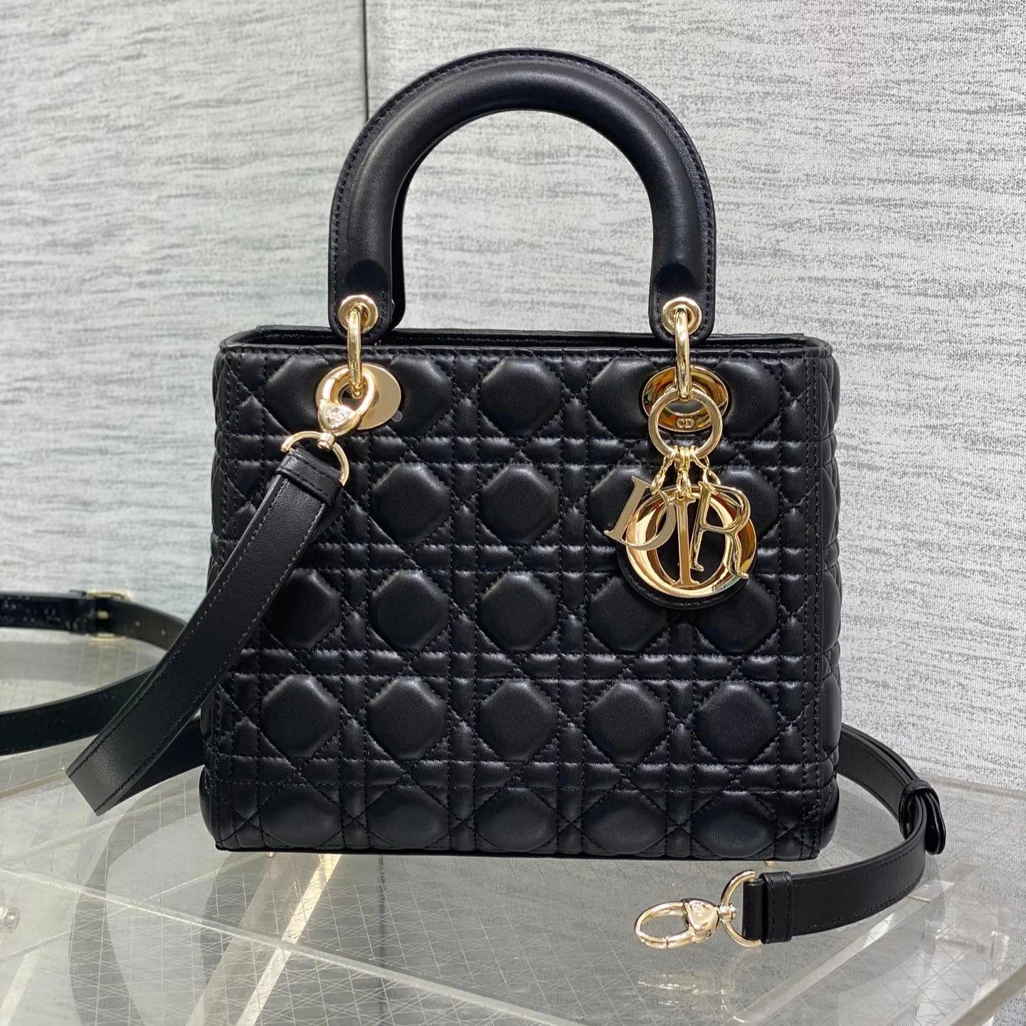 Dior Medium Lady Bag 24 in Black Gold Hardware