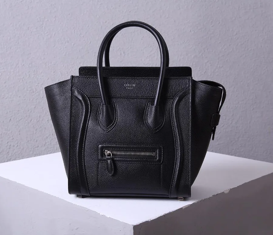Celine Black Drummed Leather Nano Luggage Tote Bag