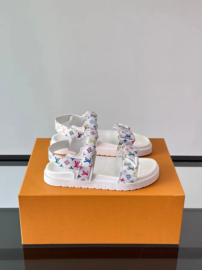 LV Men White Canvas Multicolor Logo Sandals