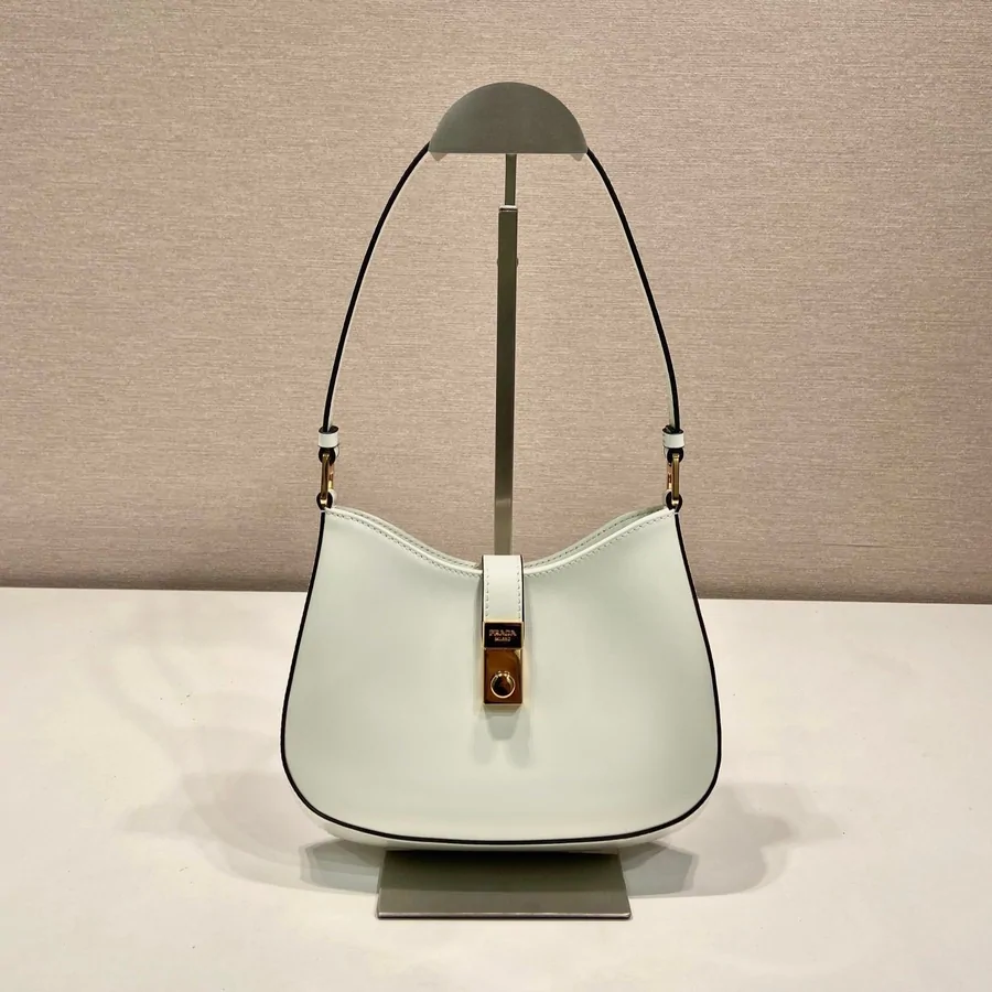 Prada Cleo Shoulder Bag 22 in White Brushed Lambskin with Clasp Closure