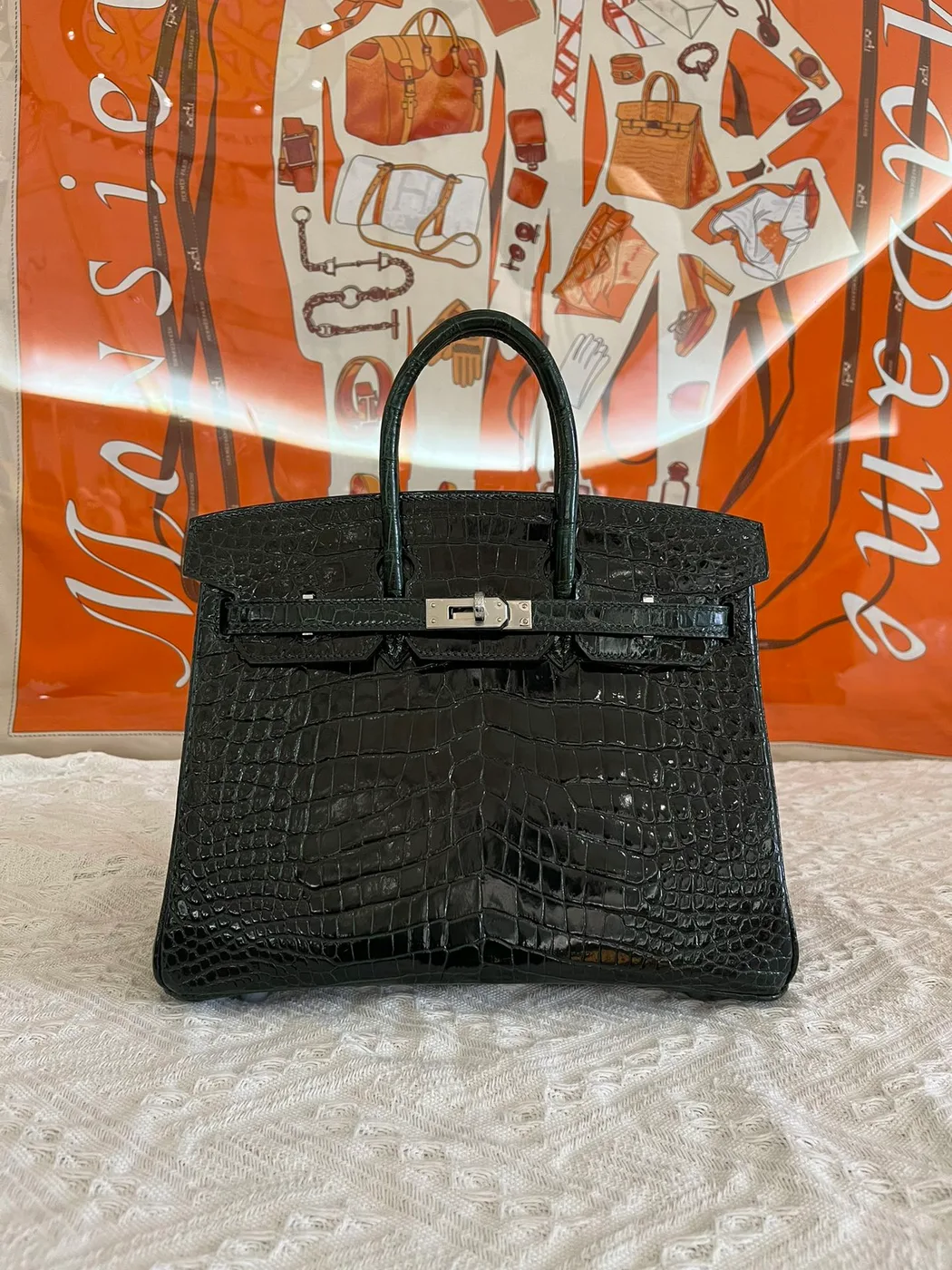 Hermes Birkin 25cm Emerald Green Crocodile Leather Silver Hardware