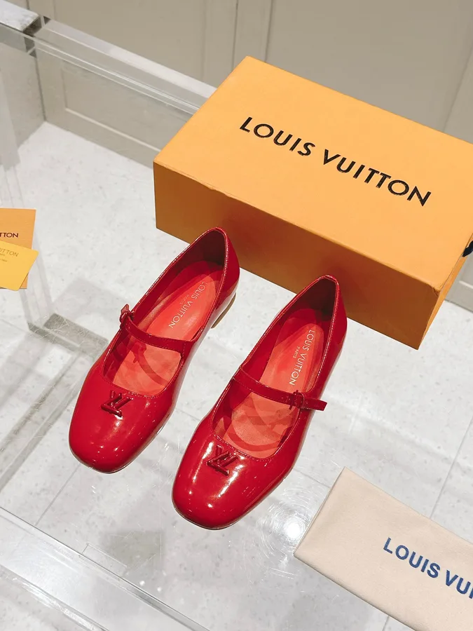 LV Women Red Patent Leather Mary Jane Flats