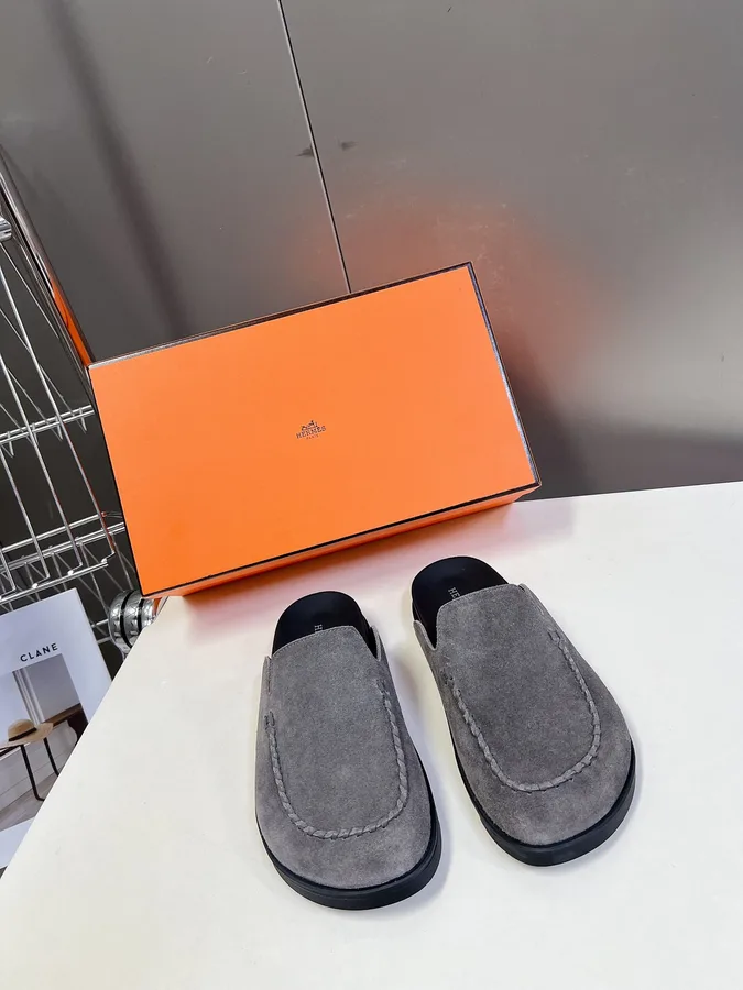 Hermes Women Gray Suede Slip-On Loafers