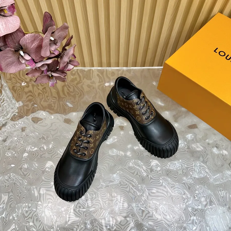 LV Women Black Leather Brown Patterned Sneakers