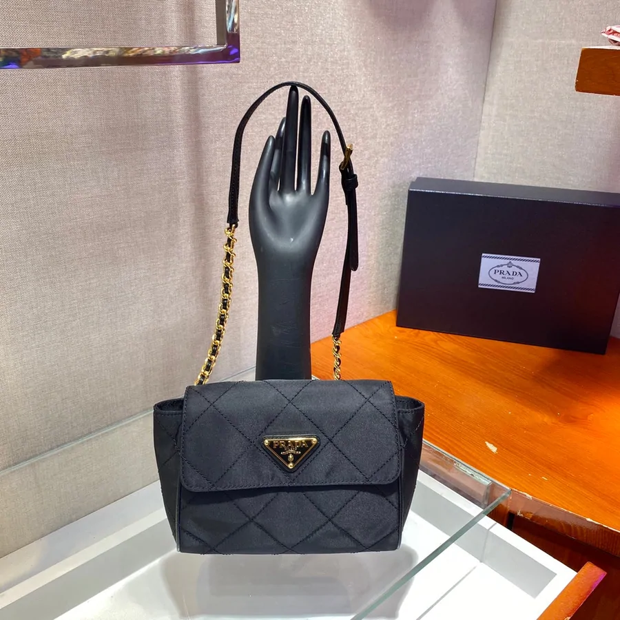 Small Quilted Flap Bag 18 in Black Re-nylon Fabric Gold Chain