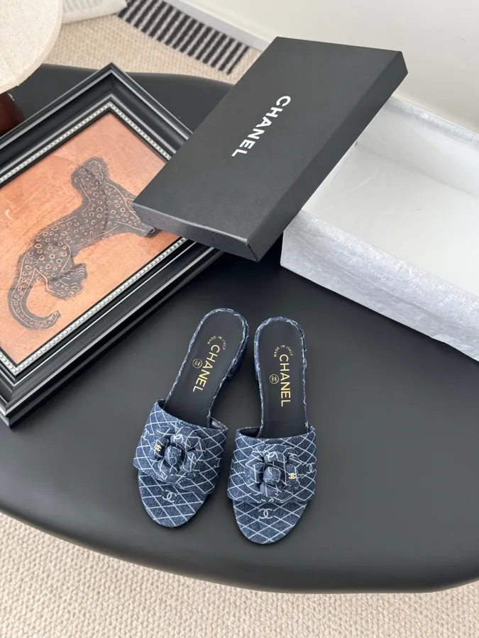 Chanel Women Blue Fabric Open Toe Mules