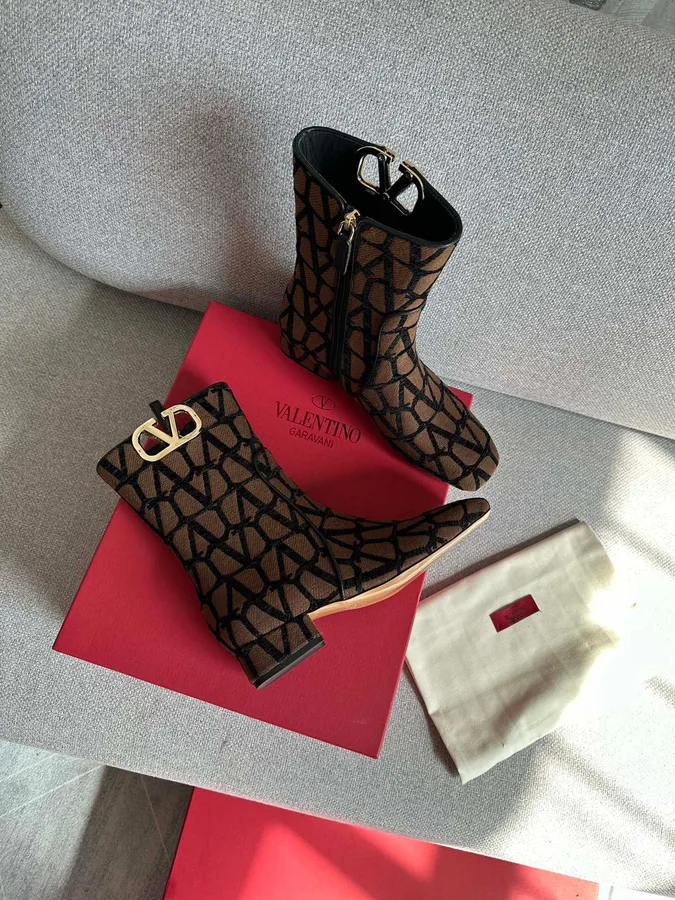 Valentino Women Brown Fabric Logo Pattern Boots