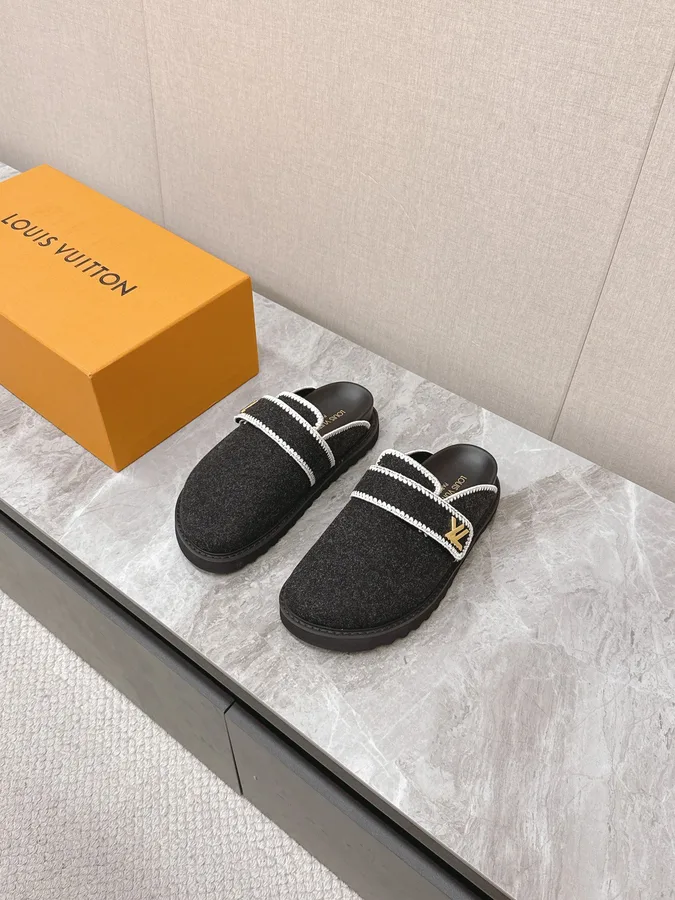 LV Women Black Felt Leather Trim Mules