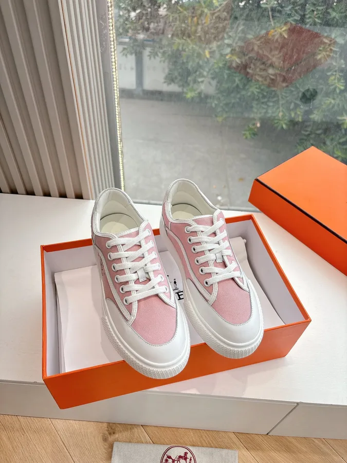 Hermes Women Pink Canvas And White Leather Sneakers