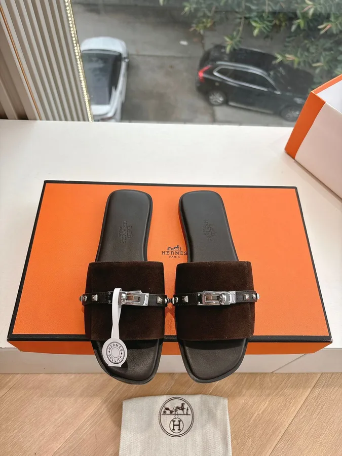 Hermes Women Dark Brown Suede Leather Strap Mules