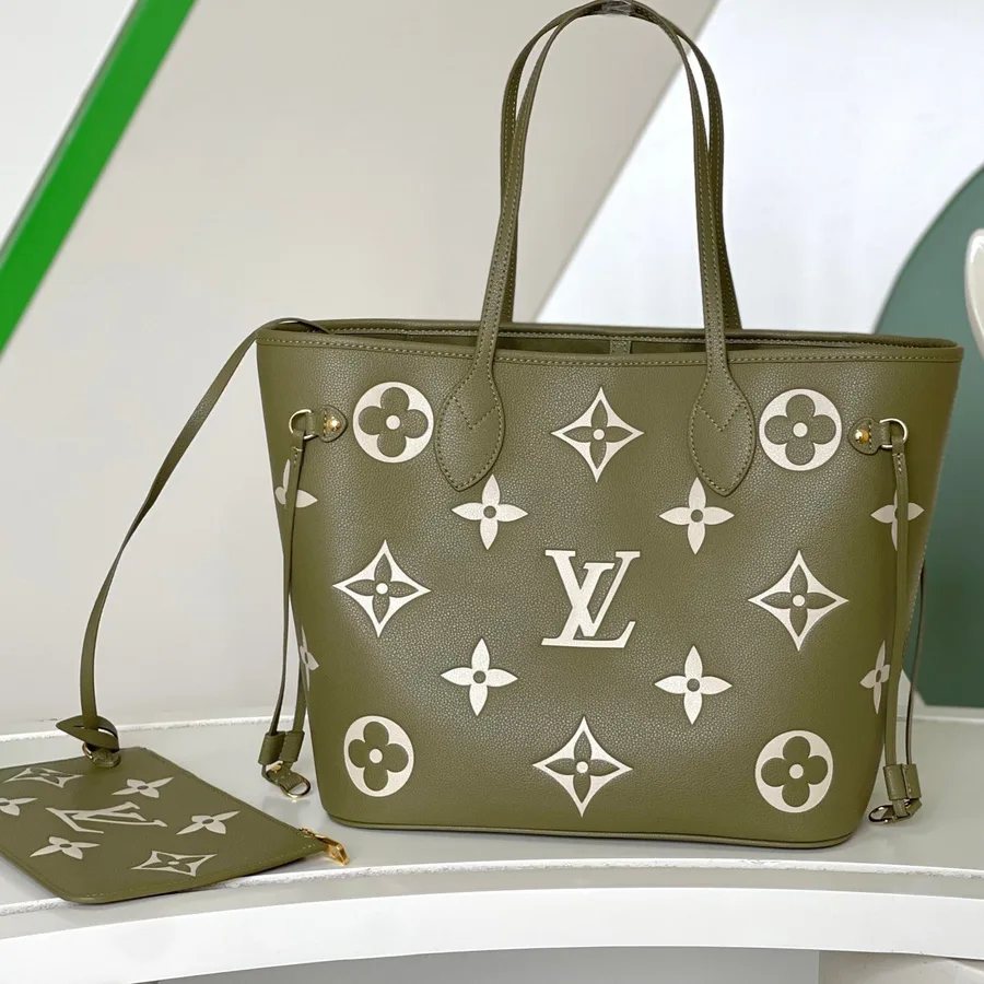 LV Neverfull MM Khaki Cream Monogram Empreinte Leather