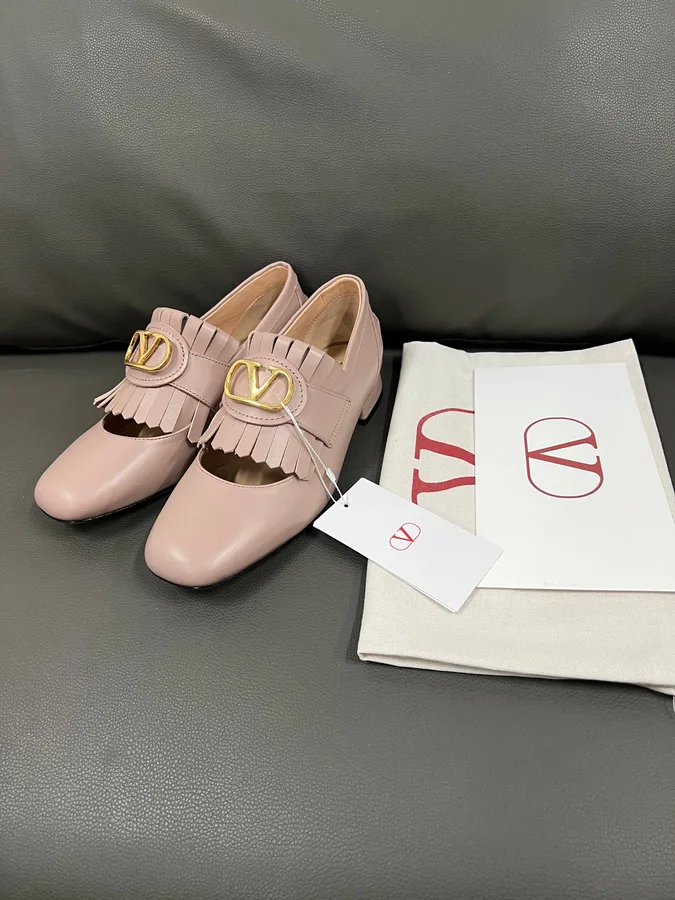 Valentino Women Pink Leather Fringe Loafers