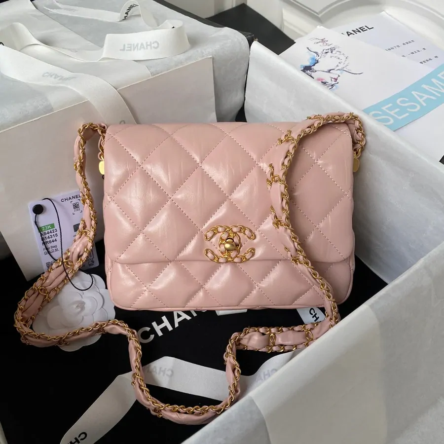 Chanel Small Flap Bag 20 in Peach Pink Lambskin Gold Hardware